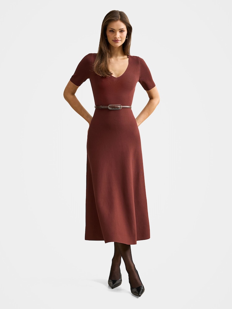 Forever New Brown Celia Short Sleeves Midi Dress - Image 1 of 4
