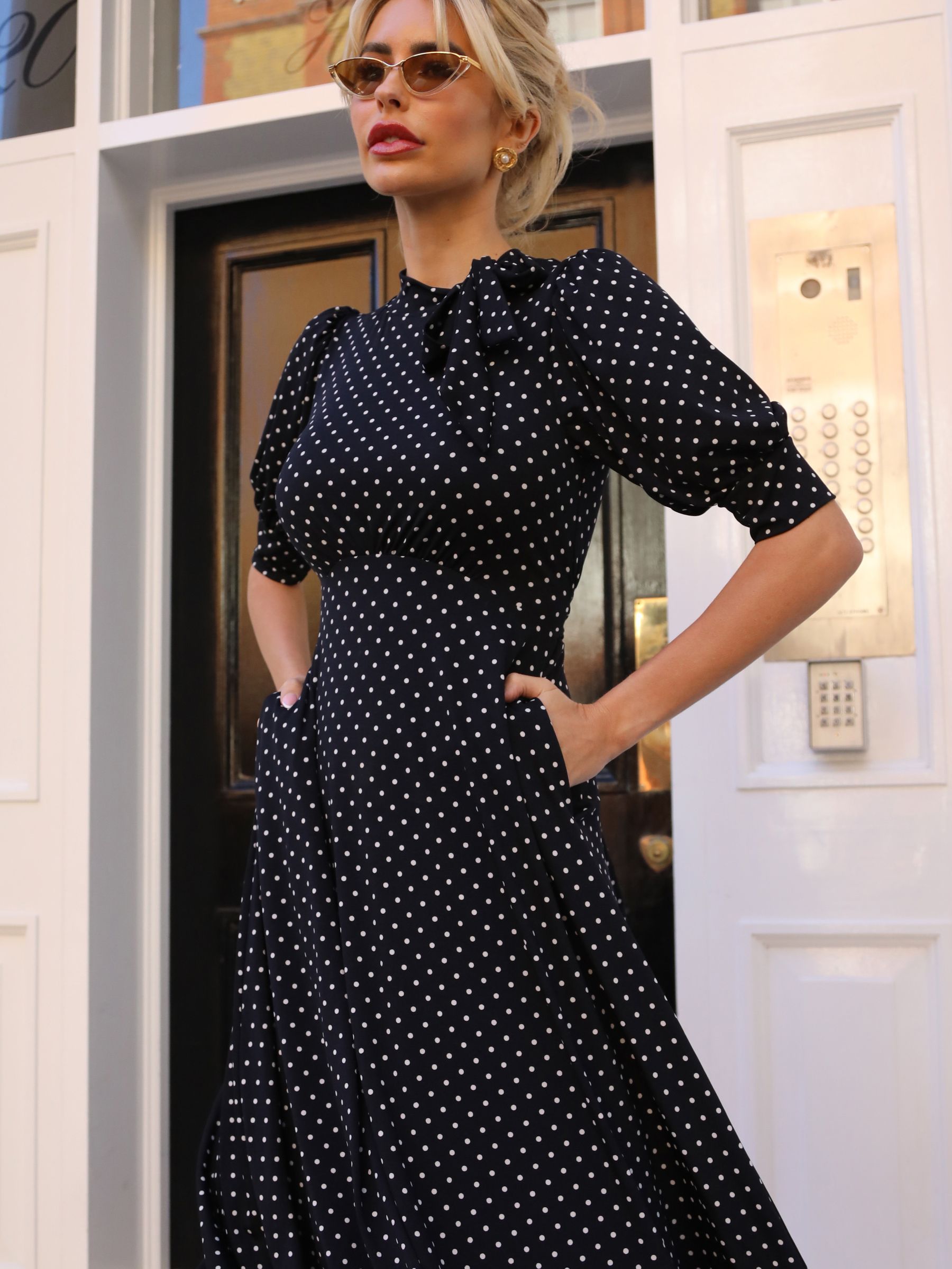 Buy Jolie Moi Blue Tie Neck Puffy Sleeve Jersey Midi Dress from