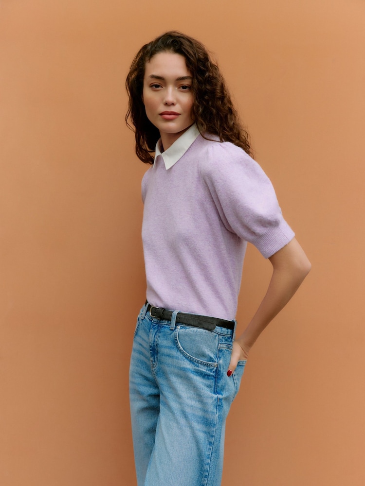 Vero Moda Purple Round Neck Puff Sleeve Knitted Jumper - Image 1 of 4 Vero Moda Purple Round Neck Puff Sleeve Knitted Jumper - Image 1 of 4