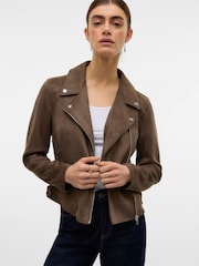 VERO MODA Brown Faux Suede Biker Jacket - Image 1 of 5
