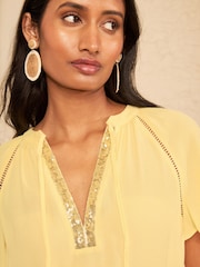 Love & Roses Pale Yellow Sequin Trim V-Neck Short Sleeve Blouse - Image 2 of 4