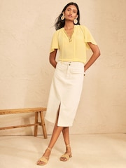 Love & Roses Pale Yellow Sequin Trim V-Neck Short Sleeve Blouse - Image 3 of 4