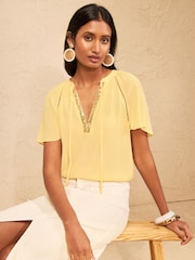 Love & Roses Pale Yellow Sequin Trim V-Neck Short Sleeve Blouse - Image 4 of 4