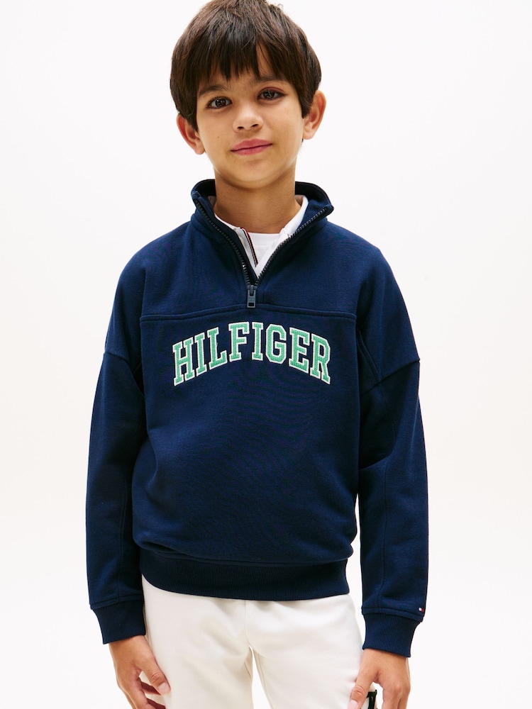 Tommy Hilfiger Blue Logo Terry Quarter Zip Sweatshirt - Image 1 of 5