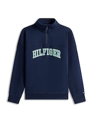 Tommy Hilfiger Blue Logo Terry Quarter Zip Sweatshirt - Image 5 of 5