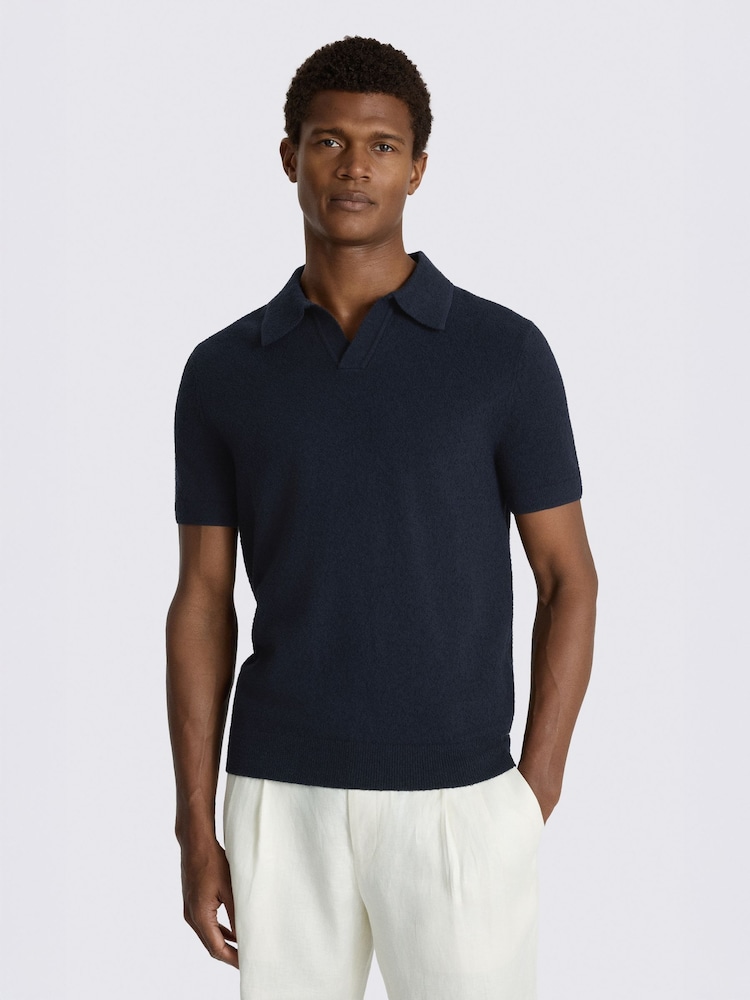 MOSS Navy Bouclé Skipper Polo Shirt - Image 1 of 3