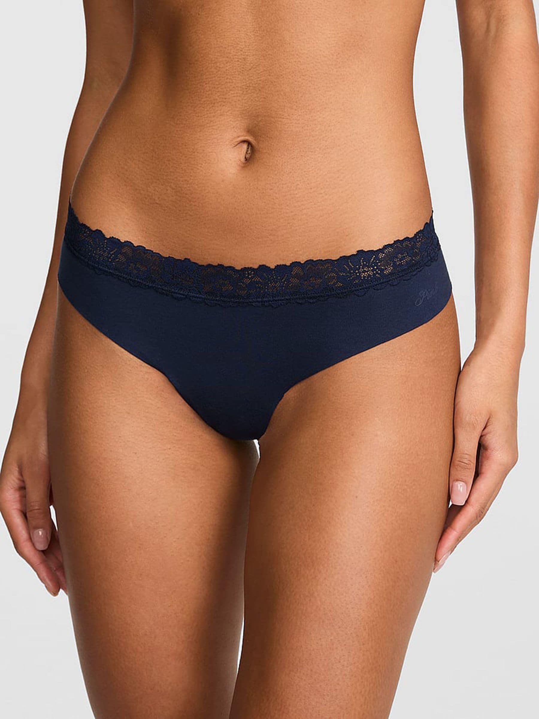 Victoria's Secret PINK Noir Navy Blue Thong Lace Trim Knickers