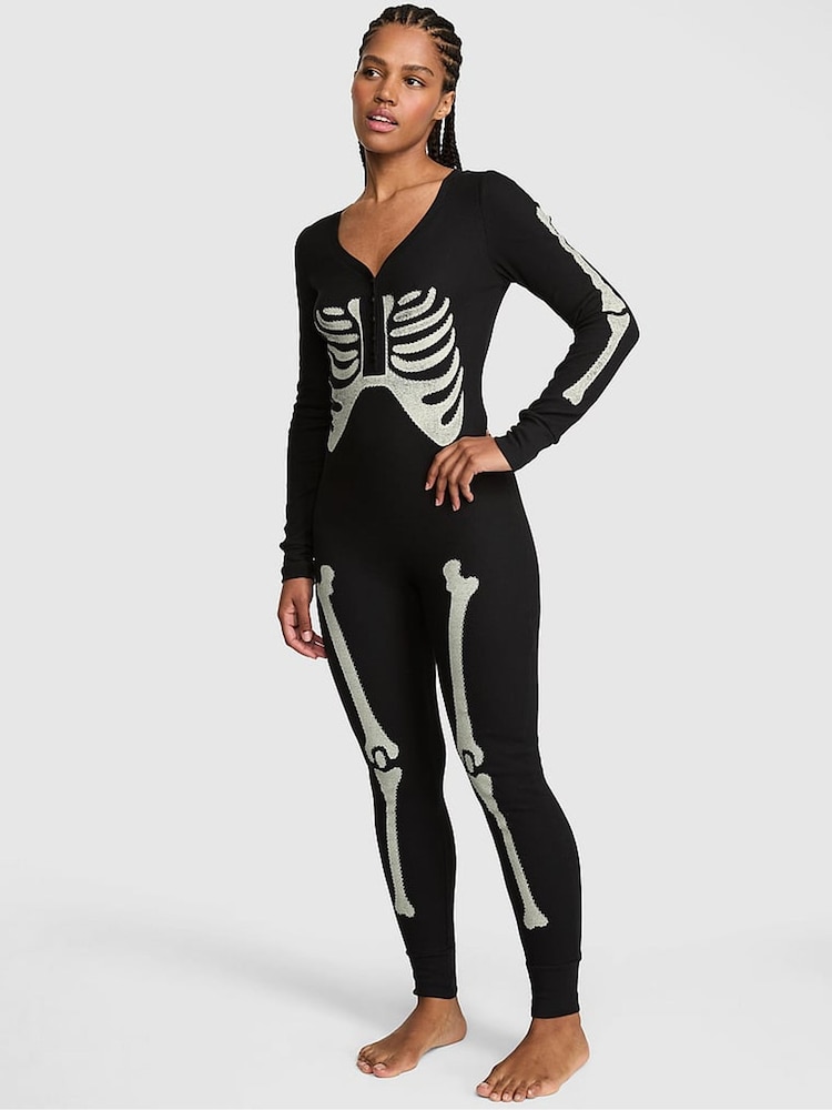 Victoria's Secret Pink Black Skeleton Halloween Onesie - Image 2 of 4 Victoria's Secret Pink Black Skeleton Halloween Onesie - Image 2 of 4