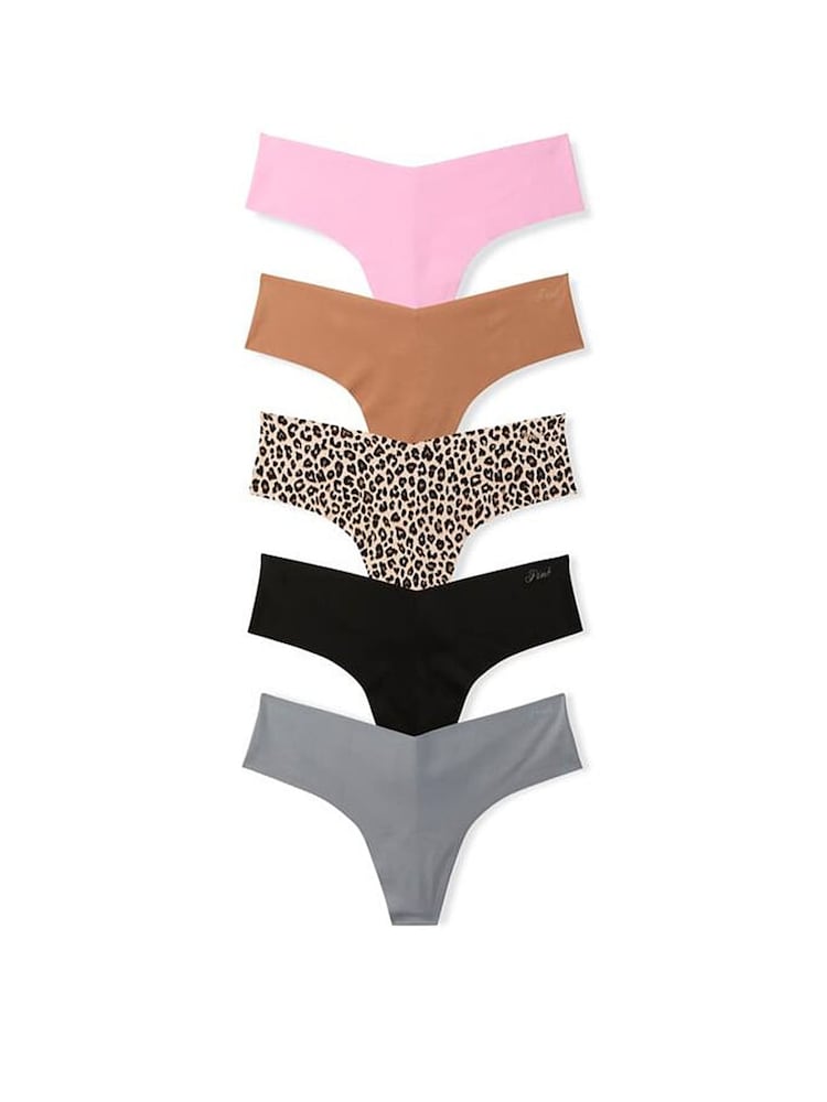 Victoria's Secret Pink Black/Grey/Nude/Pink Thong 5 Pack No Show Knickers - Image 1 of 3
