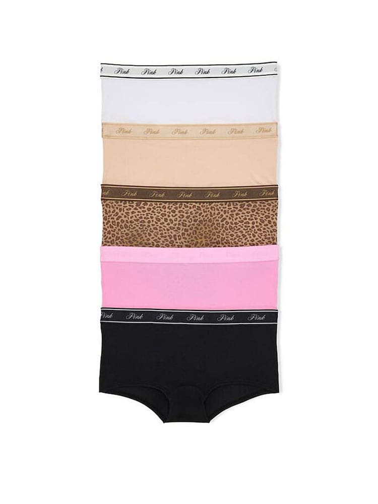 Victoria's Secret PINK Black/White/Nude/Brown/Pink Boyshort 5 Pack Logo Knickers - Image 1 of 3 Victoria's Secret PINK Black/White/Nude/Brown/Pink Boyshort 5 Pack Logo Knickers - Image 1 of 3