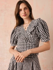 Cath Kidston Monochrome Gingham Check Puff Sleeve Wrap Blouse - Image 1 of 14