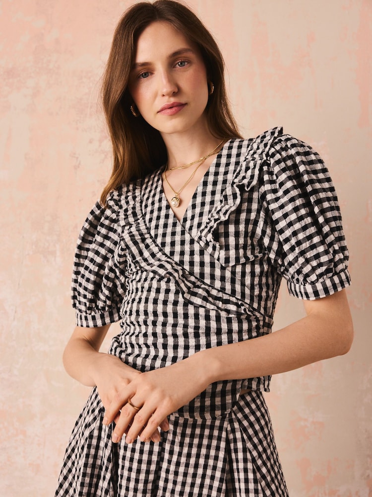 Cath Kidston Monochrome Gingham Check Puff Sleeve Wrap Blouse - Image 1 of 14