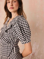 Cath Kidston Monochrome Gingham Check Puff Sleeve Wrap Blouse - Image 11 of 14