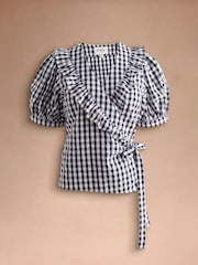 Cath Kidston Monochrome Gingham Check Puff Sleeve Wrap Blouse - Image 12 of 14