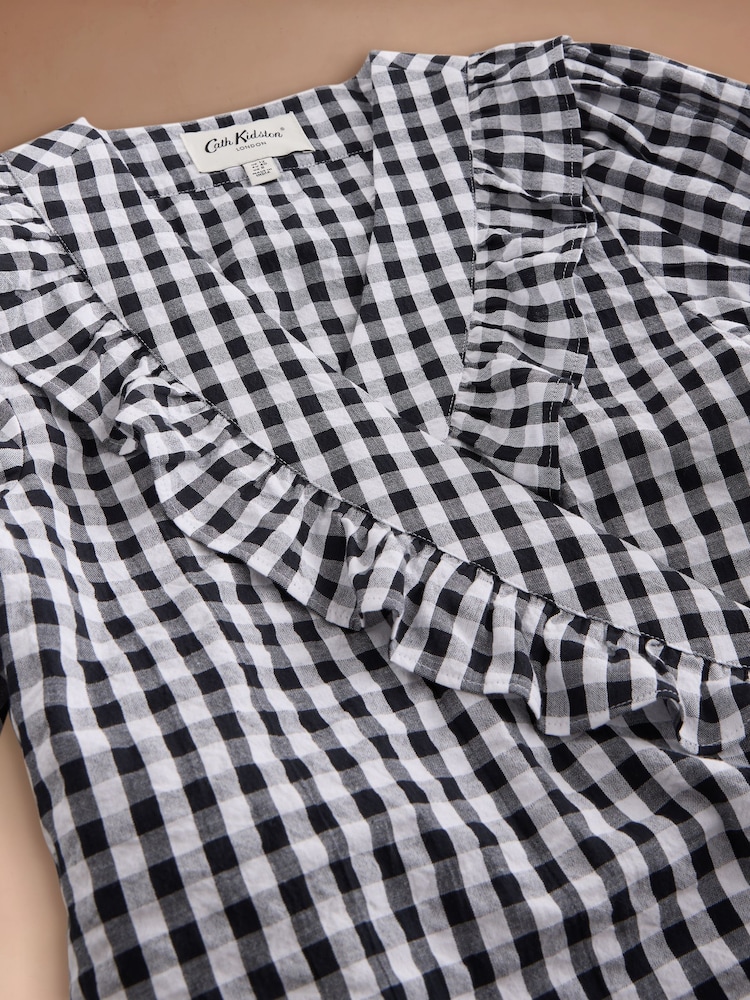 Cath Kidston Monochrome Gingham Check Puff Sleeve Wrap Blouse - Image 14 of 14