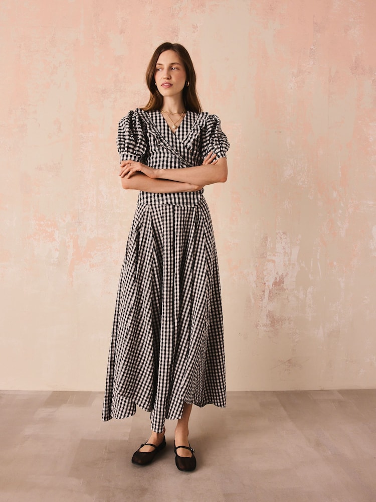 Cath Kidston Monochrome Gingham Check Puff Sleeve Wrap Blouse - Image 2 of 14