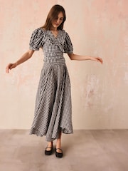 Cath Kidston Monochrome Gingham Check Puff Sleeve Wrap Blouse - Image 3 of 14