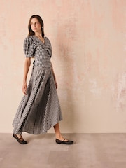 Cath Kidston Monochrome Gingham Check Puff Sleeve Wrap Blouse - Image 4 of 14