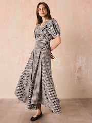 Cath Kidston Monochrome Gingham Check Puff Sleeve Wrap Blouse - Image 5 of 14