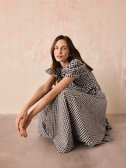 Cath Kidston Monochrome Gingham Check Puff Sleeve Wrap Blouse - Image 6 of 14