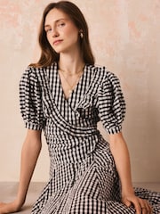 Cath Kidston Monochrome Gingham Check Puff Sleeve Wrap Blouse - Image 7 of 14