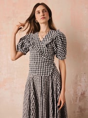 Cath Kidston Monochrome Gingham Check Puff Sleeve Wrap Blouse - Image 8 of 14