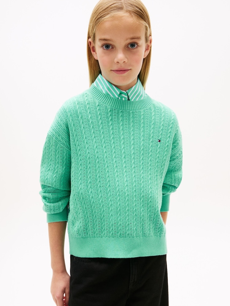 Tommy Hilfiger Green Pointelle Cable Knit Relaxed Jumper - Image 1 of 5 Tommy Hilfiger Green Pointelle Cable Knit Relaxed Jumper - Image 1 of 5