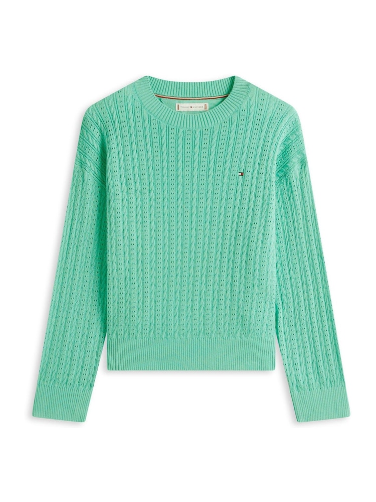 Tommy Hilfiger Green Pointelle Cable Knit Relaxed Jumper - Image 5 of 5 Tommy Hilfiger Green Pointelle Cable Knit Relaxed Jumper - Image 5 of 5