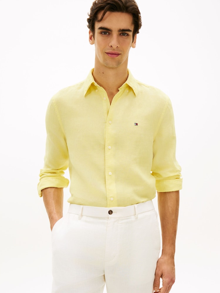 Tommy Hilfiger Yellow Regular Fit Washed Pure Linen Shirt - Image 1 of 5 Tommy Hilfiger Yellow Regular Fit Washed Pure Linen Shirt - Image 1 of 5