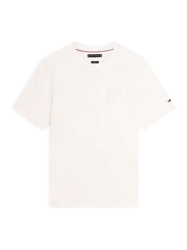كريم - Tommy Hilfiger Tonal Logo Embroidery Crew Neck T-Shirt - Image 5 of 5