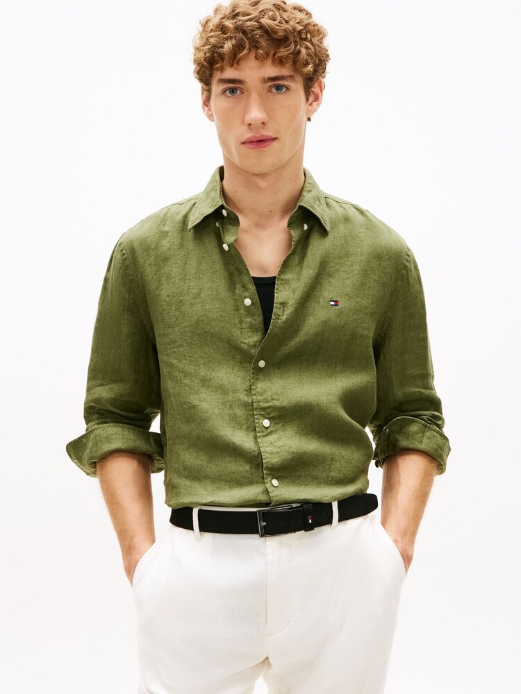Tommy Hilfiger Green Regular Fit Washed Pure Linen Shirt - Image 1 of 5