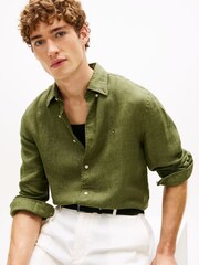 Tommy Hilfiger Green Regular Fit Washed Pure Linen Shirt - Image 4 of 5