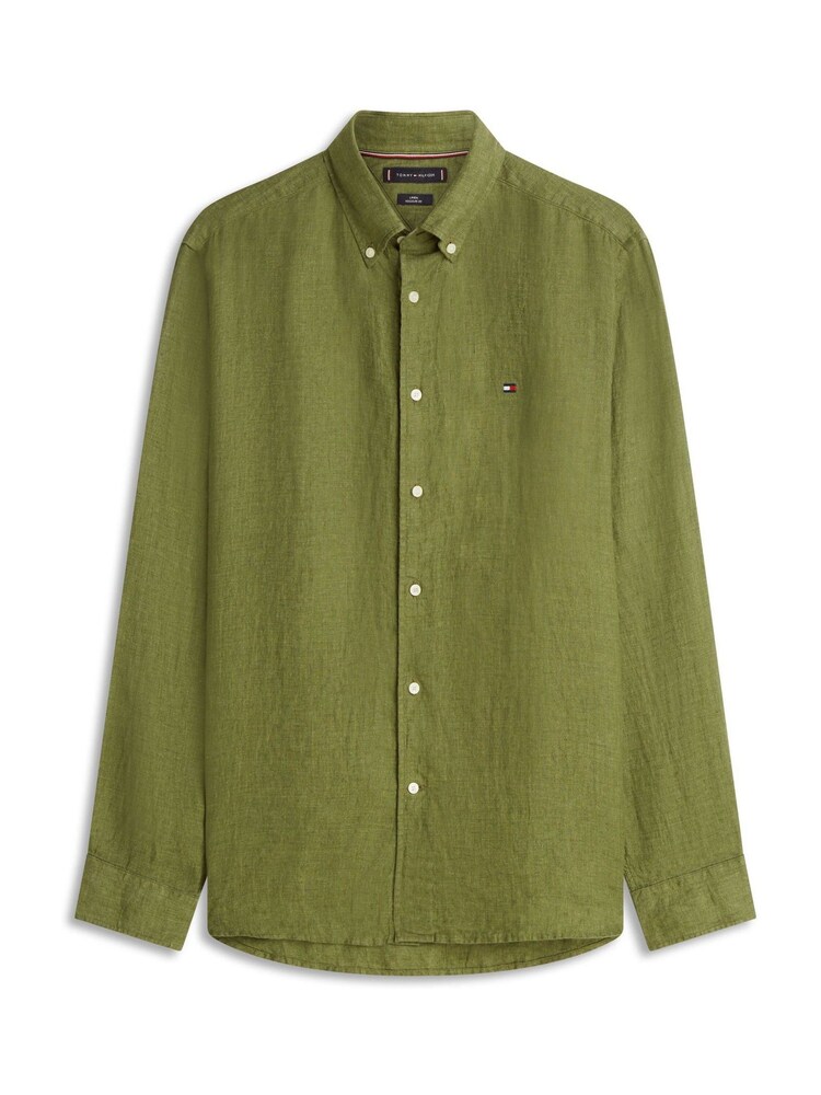 Tommy Hilfiger Green Regular Fit Washed Pure Linen Shirt - Image 5 of 5