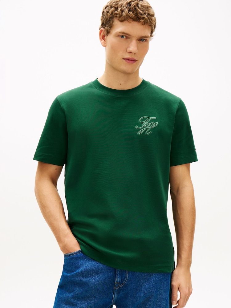 أخضر - Tommy Hilfiger Tonal Logo Embroidery Crew Neck T-Shirt - Image 1 of 5