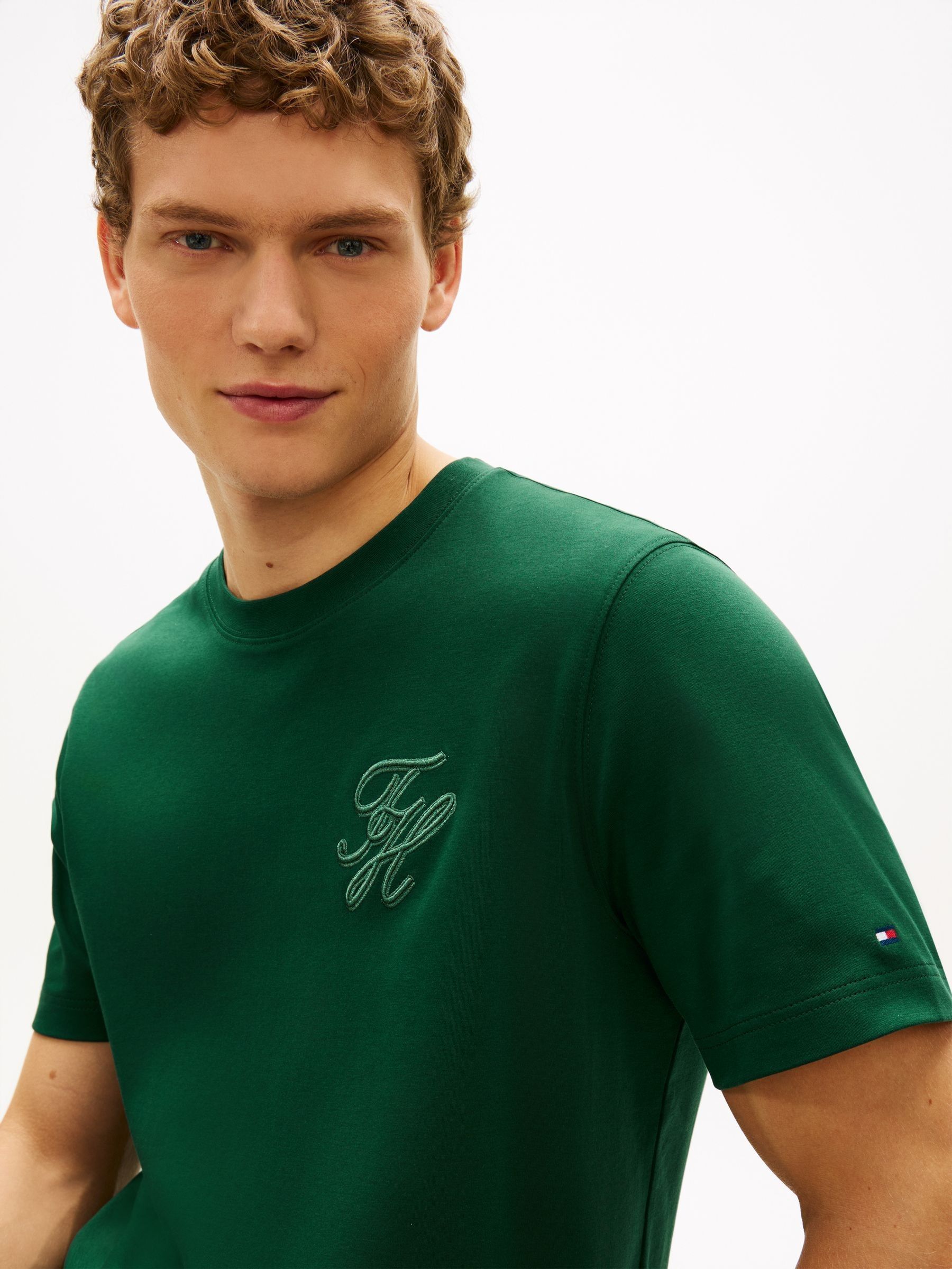 Buy Tommy Hilfiger Green Tonal Logo Embroidery Crew Neck T-Shirt