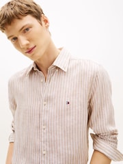 Tommy Hilfiger Brown Regular Fit Bengal Stripe Pure Linen Shirt - Image 4 of 5