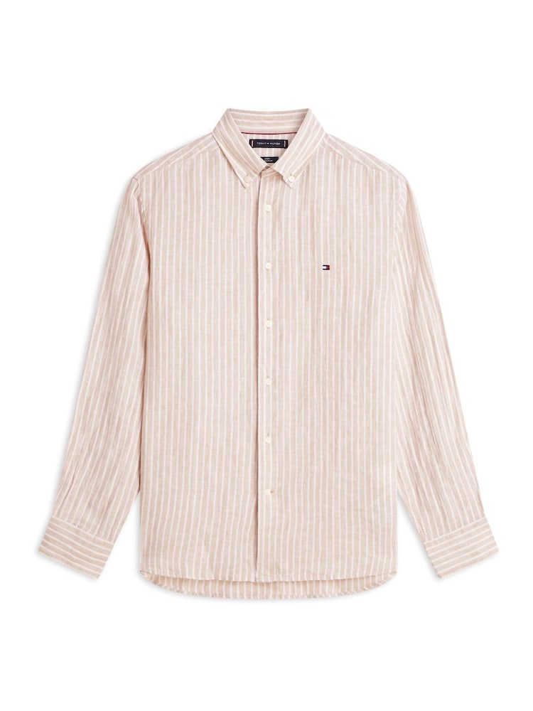 Tommy Hilfiger Brown Regular Fit Bengal Stripe Pure Linen Shirt - Image 5 of 5