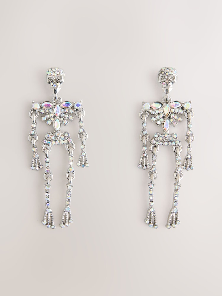 Silver Tone Sparkle Halloween Skeleton Stud Earrings - Image 1 of 3