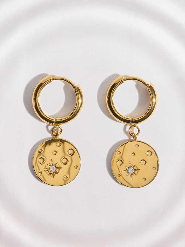 Gold Tone Waterproof Stainless Steel Celestial Hoop Earrings - Image 1 of 3