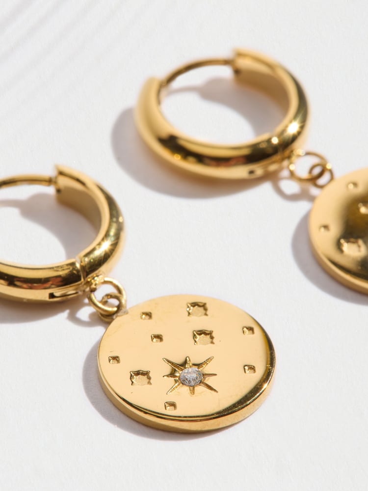 Gold Tone Waterproof Stainless Steel Celestial Hoop Earrings - Image 2 of 3