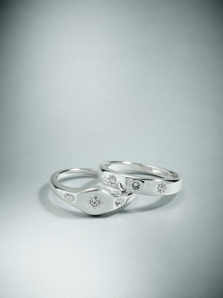Сріблястий тон - Waterproof Stainless Steel Star Sparkle Rings 2 Pack - Image 1 of 3