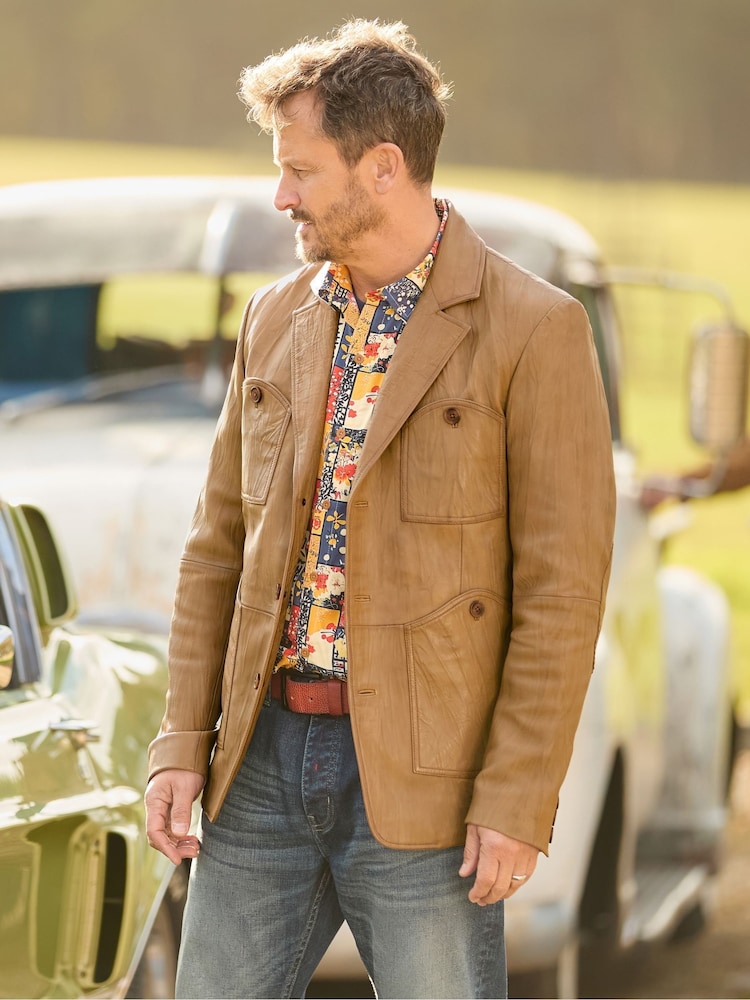 Joe Browns Brown Creased To Perfection Leather Blazer - Image 2 of 8