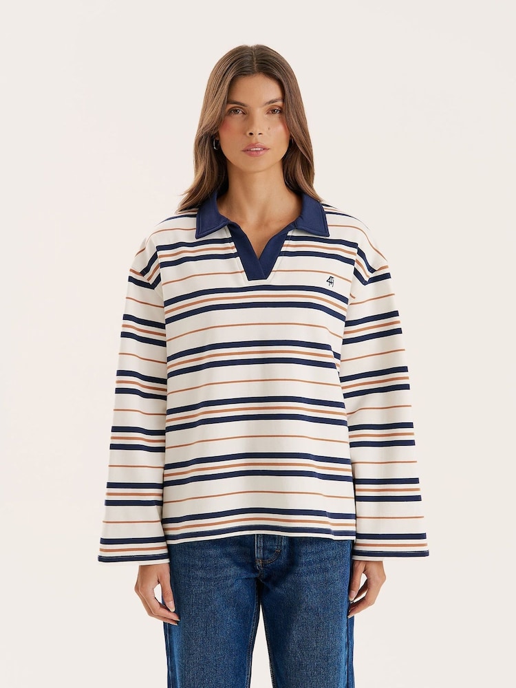 4th & Reckless Blue Stripe Rugby Polo Top - Image 1 of 5
