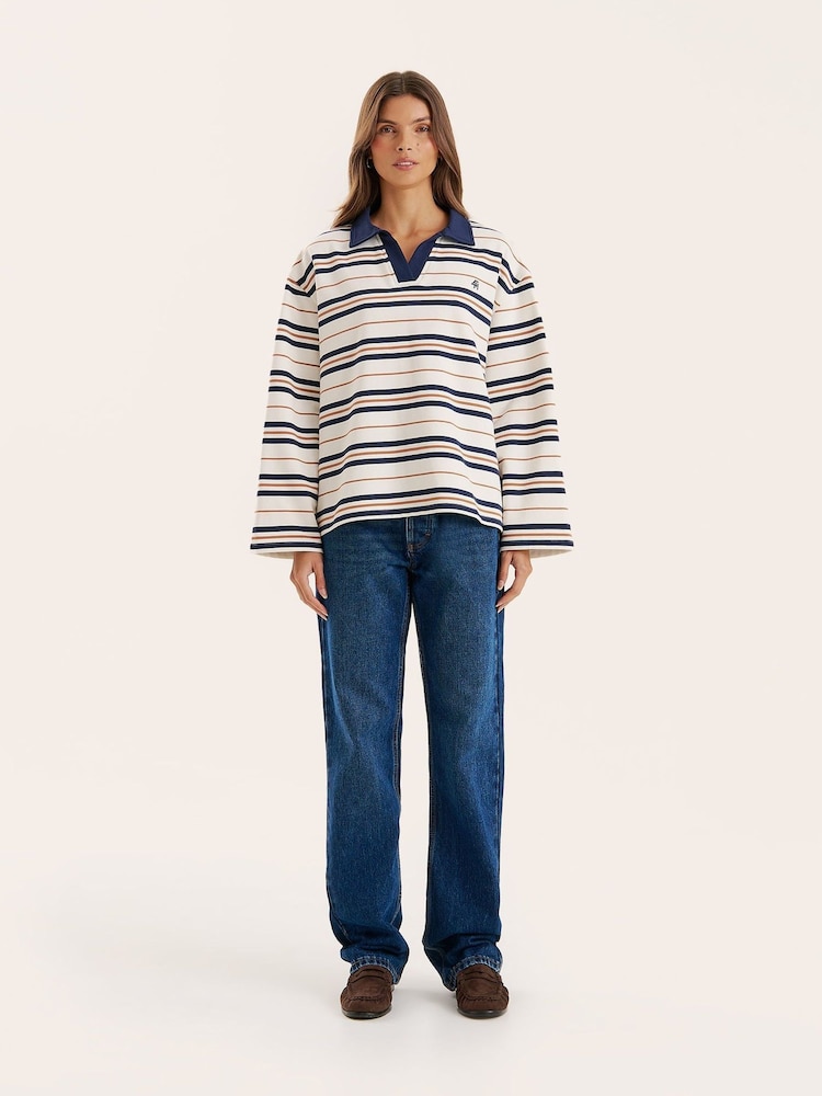 4th & Reckless Blue Stripe Rugby Polo Top - Image 2 of 5