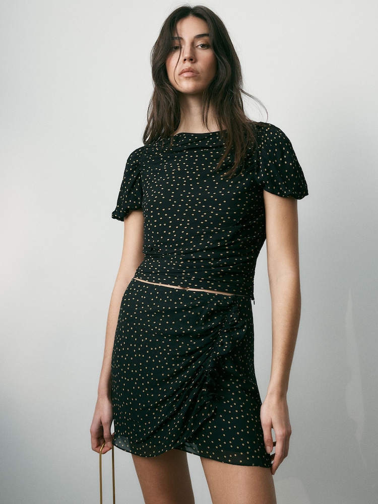 BHOEM Monochrome Polka Dots Ruched Side Draped Mini Skirt - Image 1 of 4