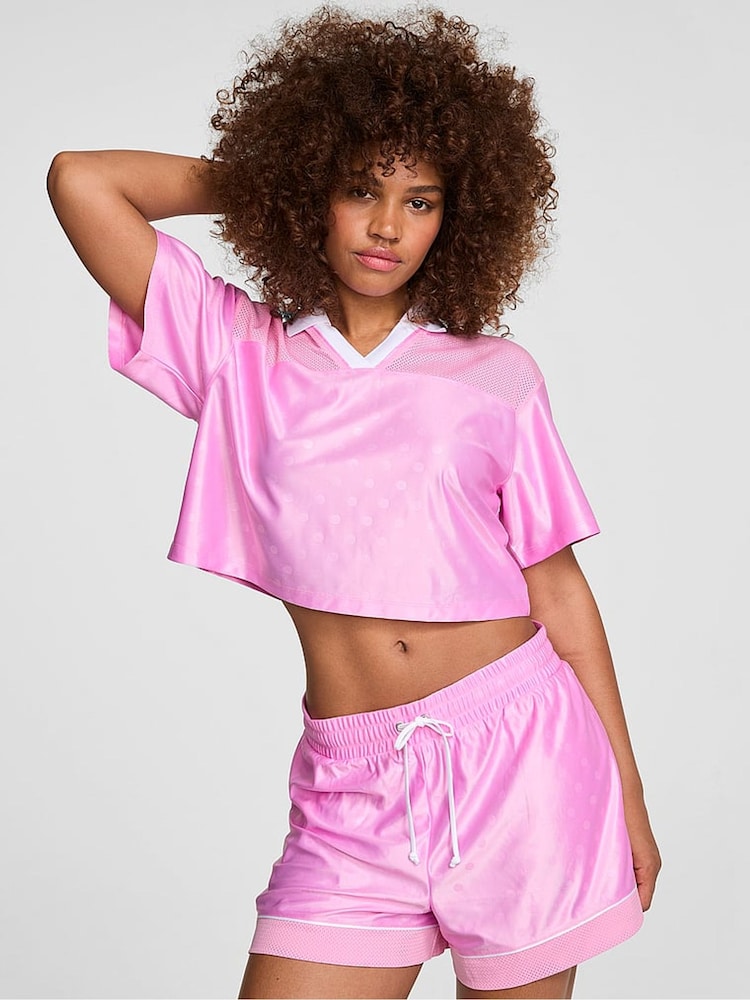 Victoria's Secret Pink Pink Lollipop Satin Mesh Cropped Jersey - Image 1 of 3 Victoria's Secret Pink Pink Lollipop Satin Mesh Cropped Jersey - Image 1 of 3