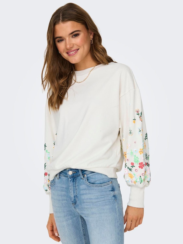 ONLY White Long Sleeve Flower Detail Jumper - Image 1 of 6