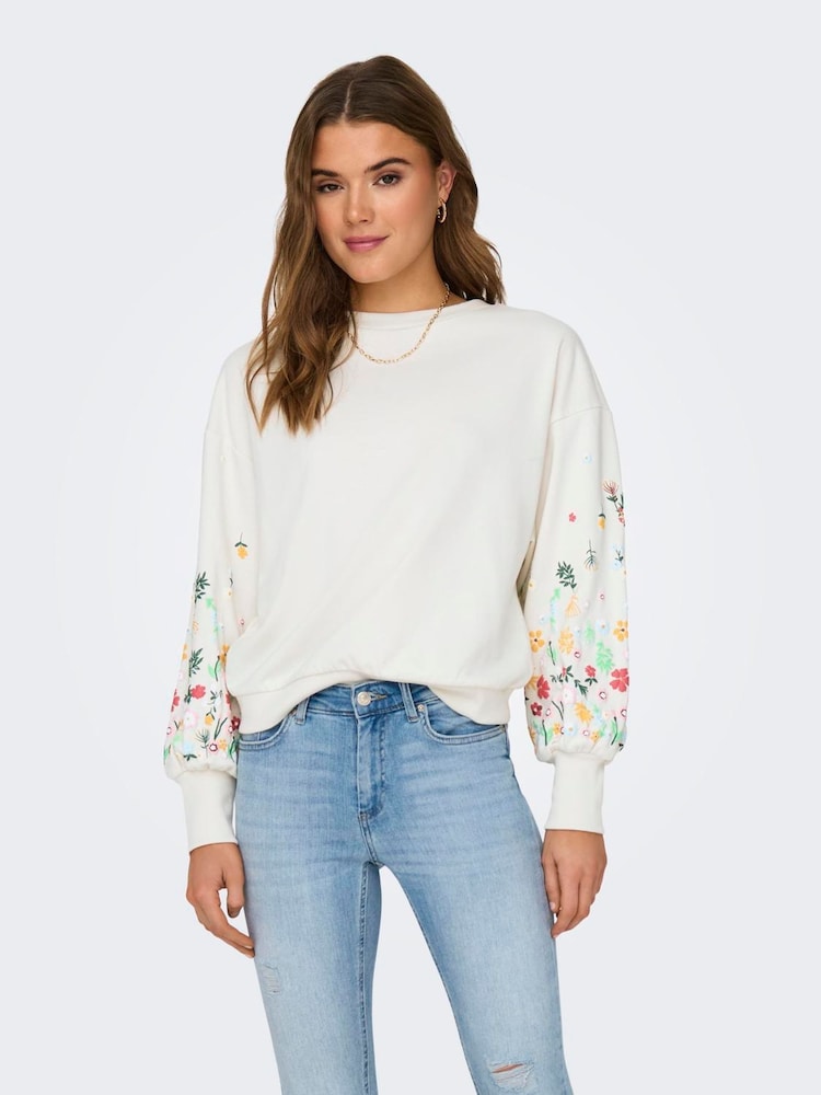 ONLY White Long Sleeve Flower Detail Jumper - Image 2 of 6