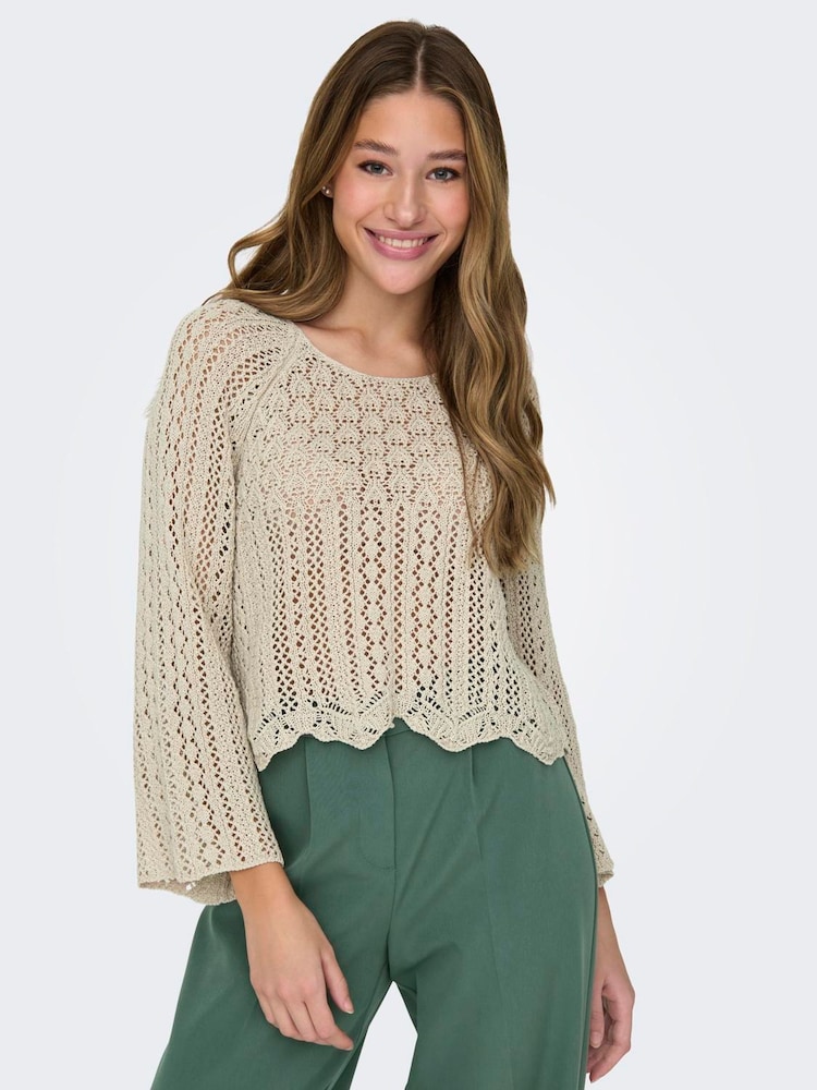 ONLY Natural 3/4 Sleeve Crochet Pullover Jumper - Image 1 of 6