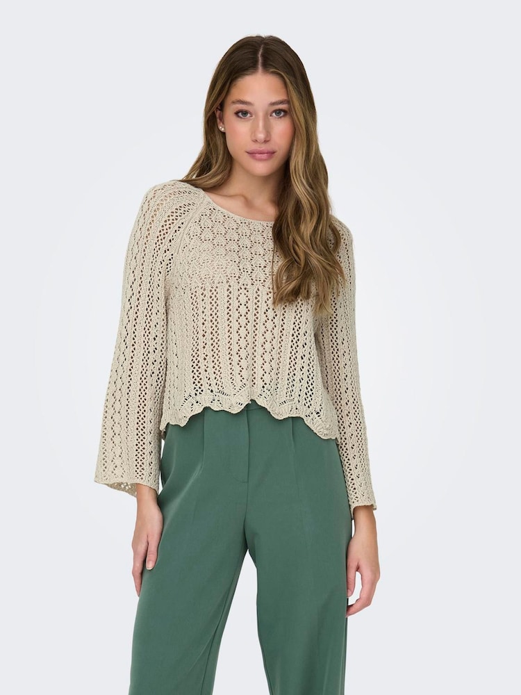 ONLY Natural 3/4 Sleeve Crochet Pullover Jumper - Image 2 of 6